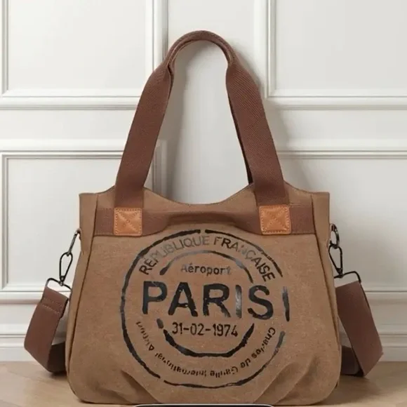NWT Tan Canvas 2 Way Shoulder Bag with Paris Print 14x9 - Picture 2 of 11